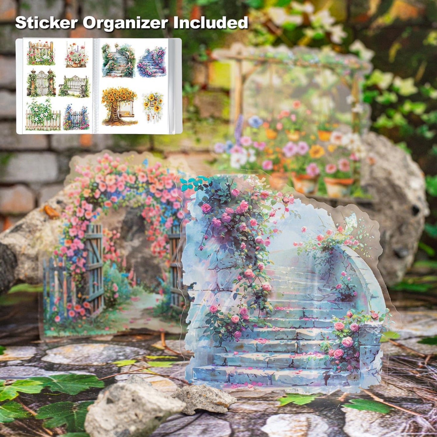 90Pcs Manor Fence PET Stickers, Vintage Garden and Floral Stickers for Scrapbooking, Journaling, DIY Crafts, with Organizer for Easy Storage