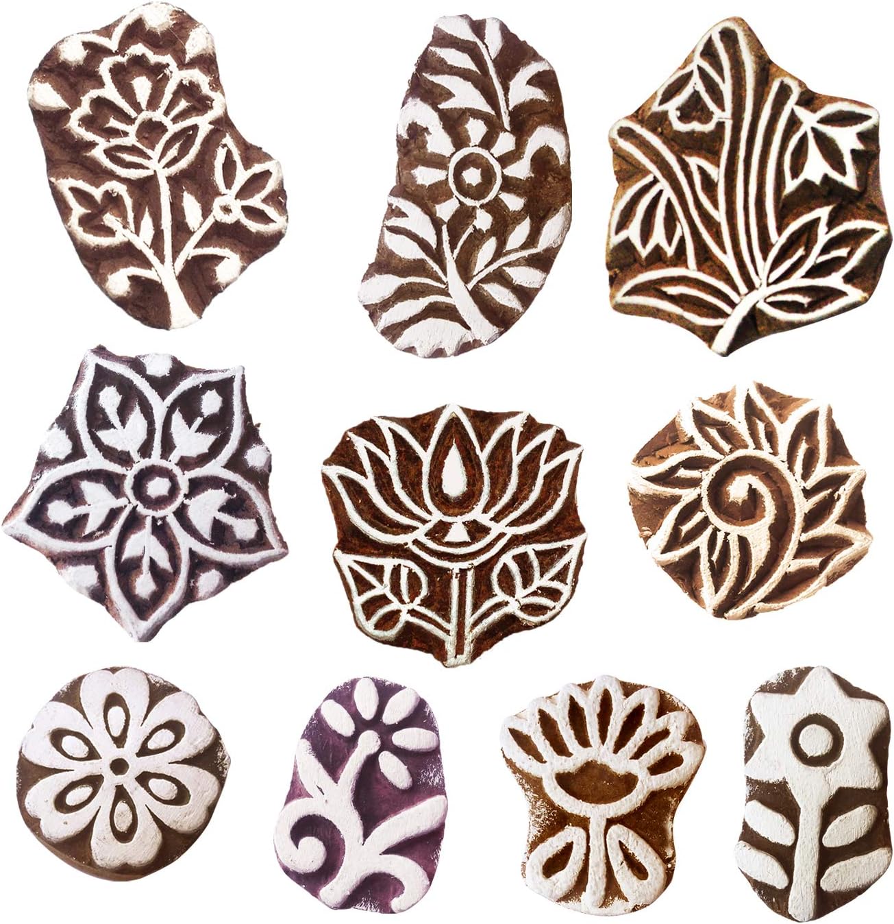 Royal Kraft Floral Wooden Printing Stamps (Set of 10) - DIY Henna Fabric Textile Paper Clay Pottery Blocks Htag2176