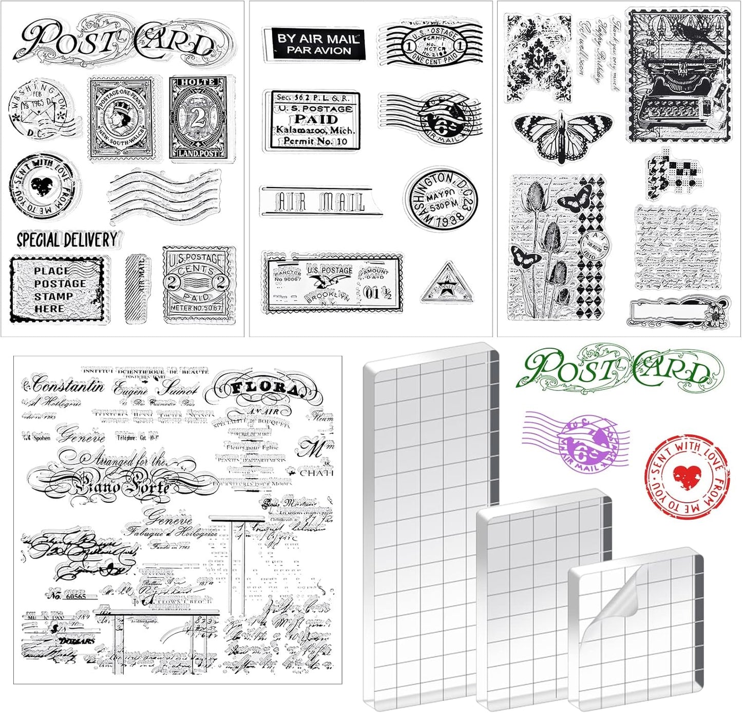 Yinder 7 Pcs Vintage Rubber Clear Stamps Set 4 Sheet Transparent Postage Silicone Stamps 3 Pcs Acrylic Stamp Block Tools with Grid Lines Rubber Craft Supplies for DIY Scrapbooking Journaling
