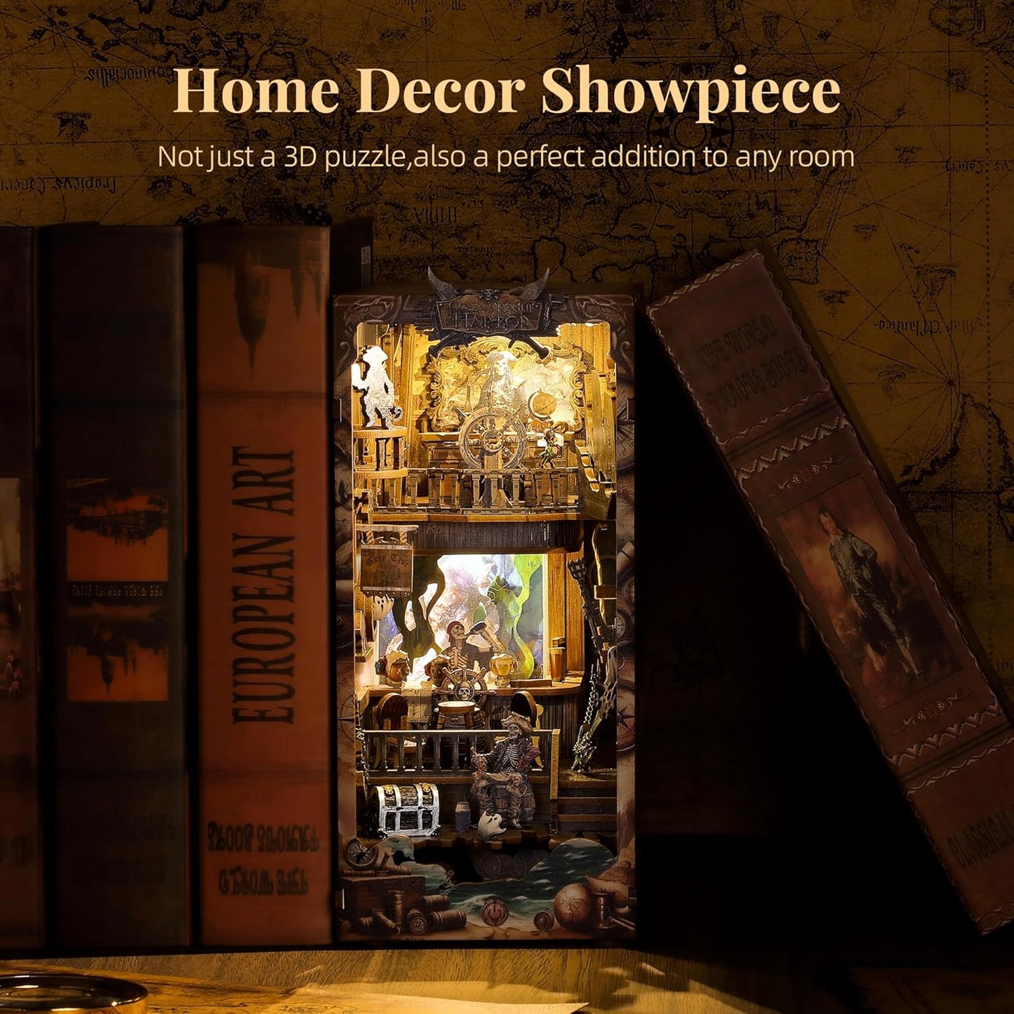 3D Wood Puzzle Book Nook Kit, Pirate Bookshelf Insert with LED Lights, DIY Pirate Miniature Bookend Décor for Display, Unique Craft Gift for Adults and Teens (New World)