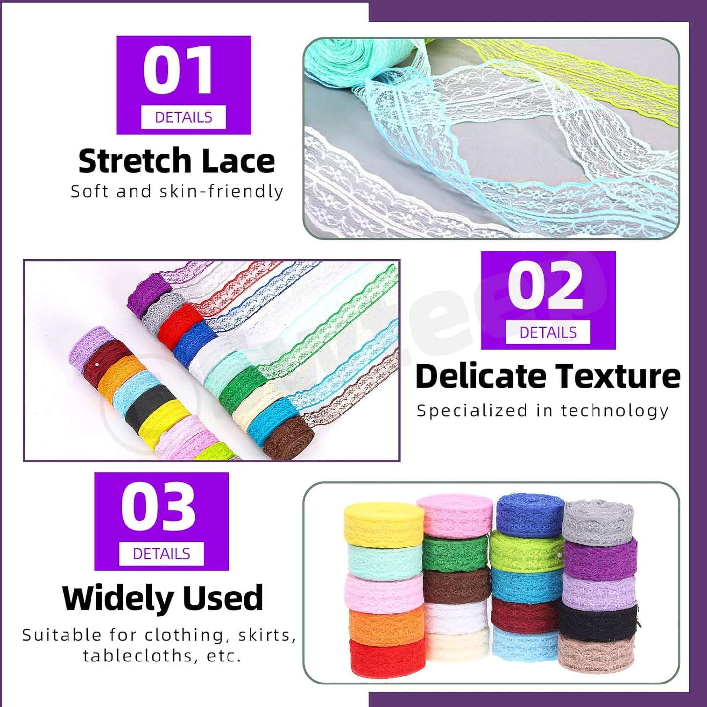 Swpeet 20 Rolls in Total 200 Yards 2.2cm×10 Yards Colorful Lace Ribbon Unilateral Floral Pattern Fabric Lace Ribbon, Lace Trim Ribbon Crafting Lace for Wedding Decorating, Sewing Gift Wrapping