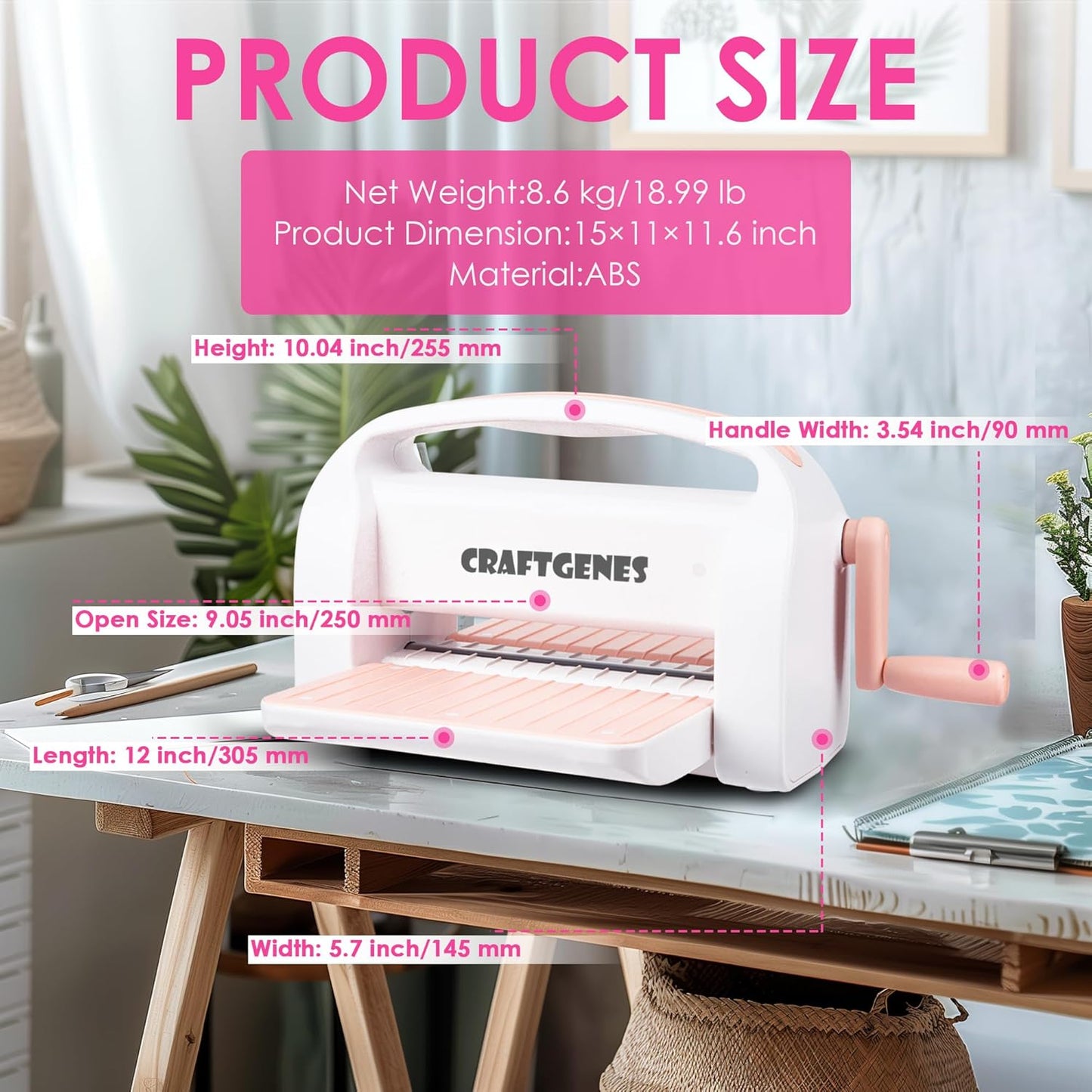 Manual Die Cutting Machine and Embossing Machine, 9'' Opening Size for Cardmaking, Scrapbooking, and DIY Crafts – Foldable Complete Set with A4 Die Cuts, Embossing Folders, and Plates(Pink)