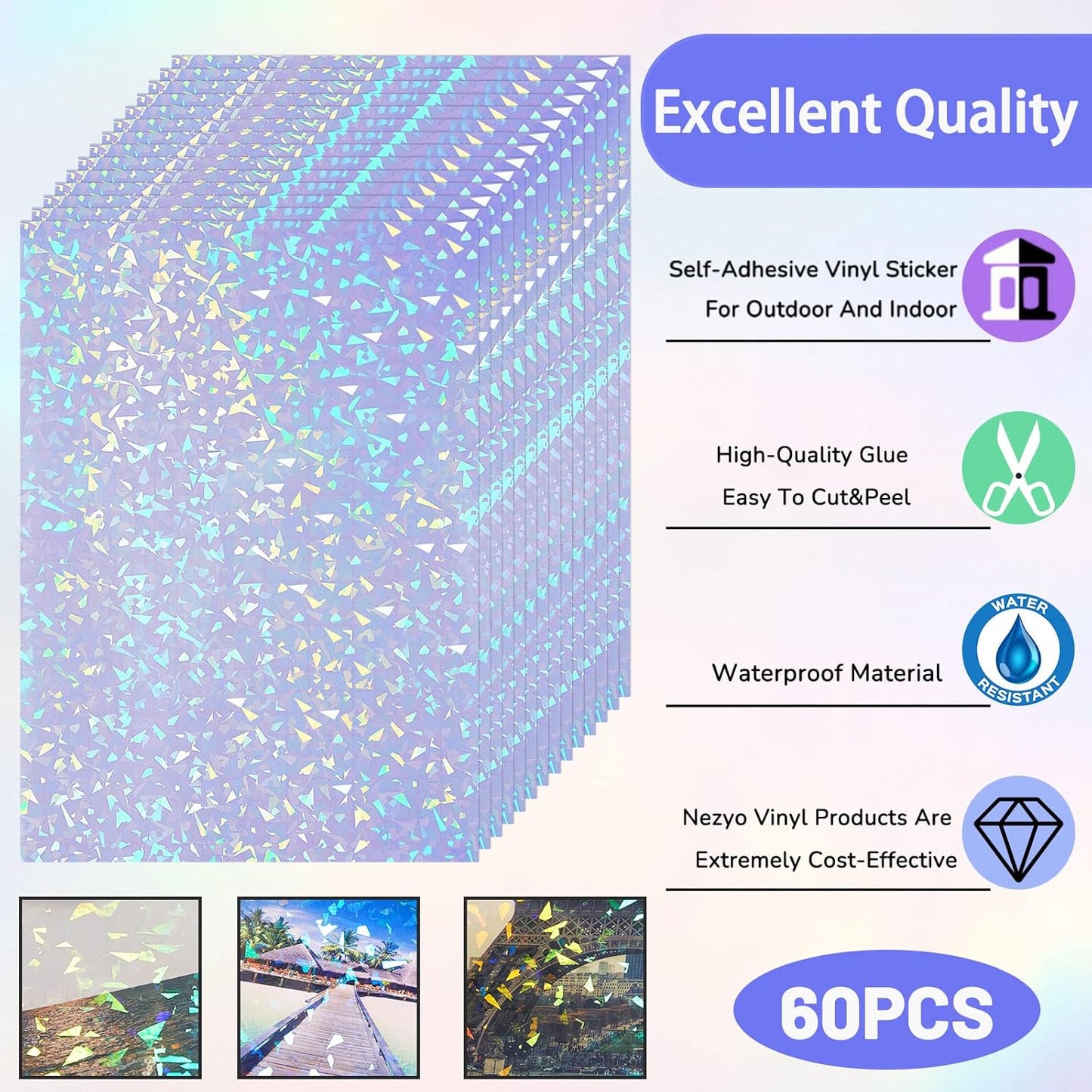 Nezyo 60 Sheets Holographic Laminate Sheets Clear Glitter A4 Size Vinyl Sticker Paper Holographic Overlay Self Adhesive Waterproof Transparent Film, 11.7 x 8.3 Inch (Broken Grass)