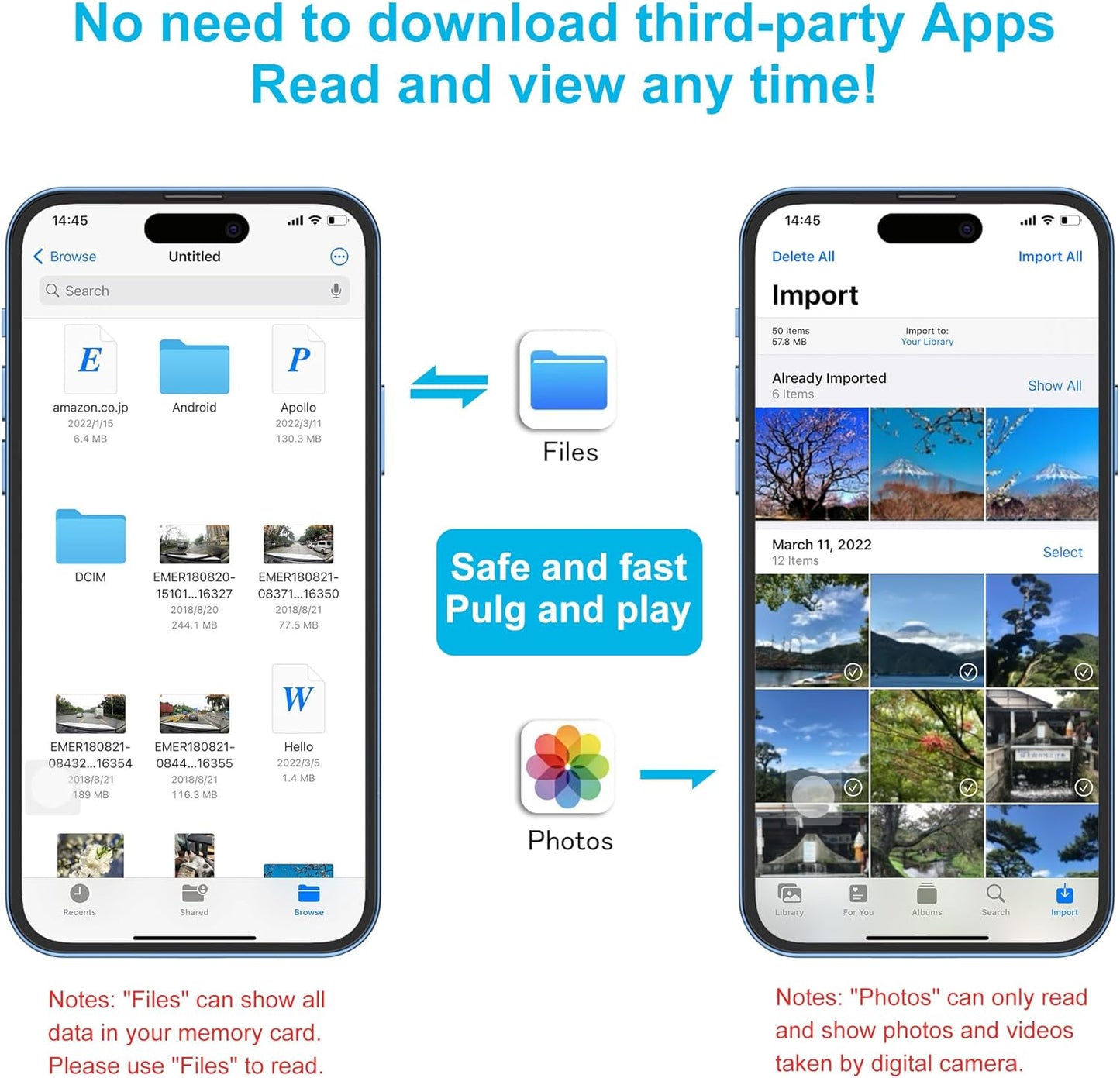 SD Card Reader for iPhone, Memory Card Reader with Dual Slot for SD/TF Card Plug and Play Trail Game Camera SD Card Viewer Lightning to MicroSD Card Camera Adapter for iPad No App Required