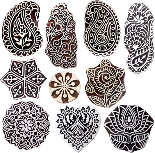 Royal Kraft Wooden Stamps for Block Printing on Saree Border, Textile, Clay, Pottery, Tattoo (Set of 10) MXtag0002