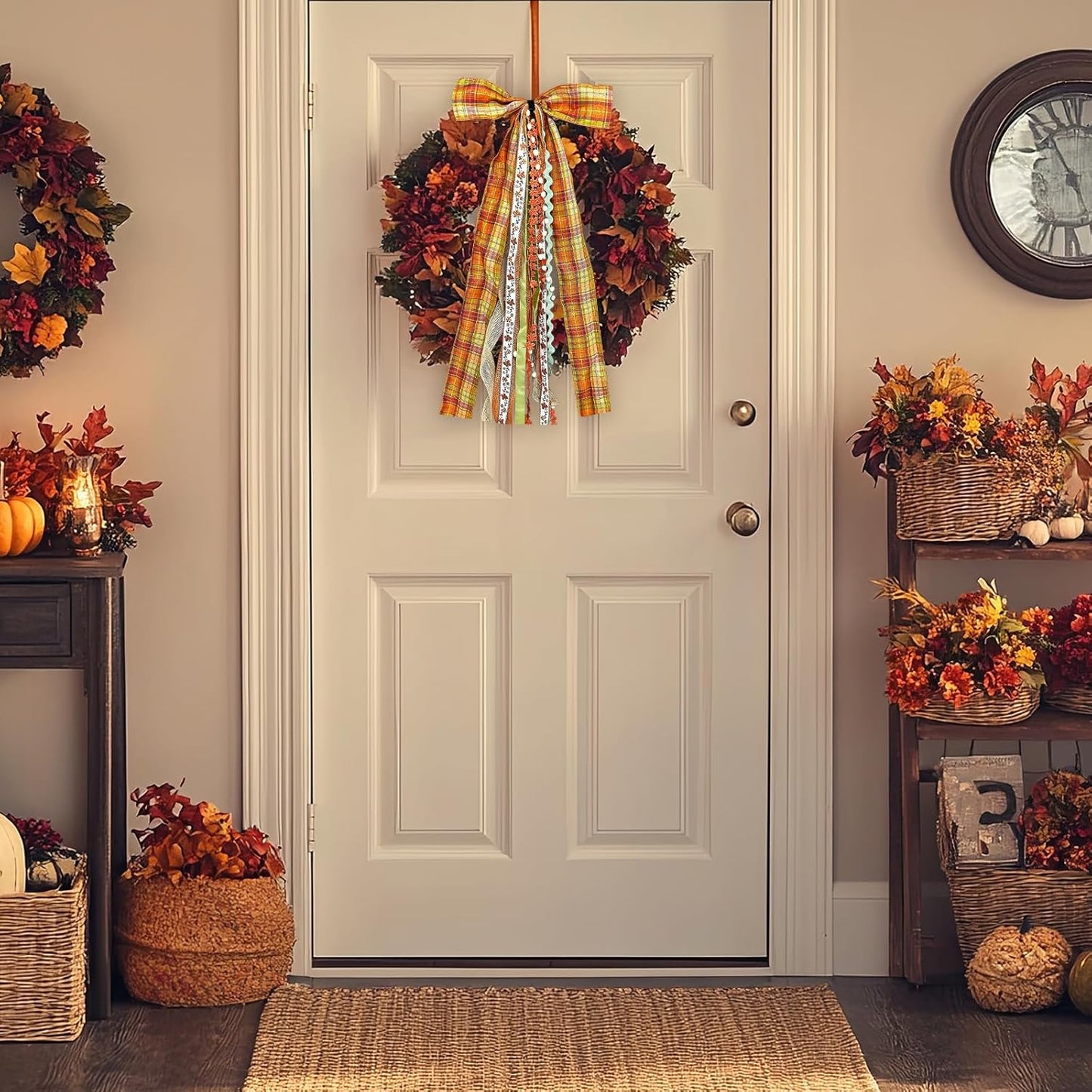 Large Fall Ribbon Bow for Wreath, Orange Buffalo Plaid Fabric Ribbons Set Assorted Lace Ribbon Fall Clip-On Wreath Sash Ribbons Bundle for Thanksgiving Indoor Outdoor Decor