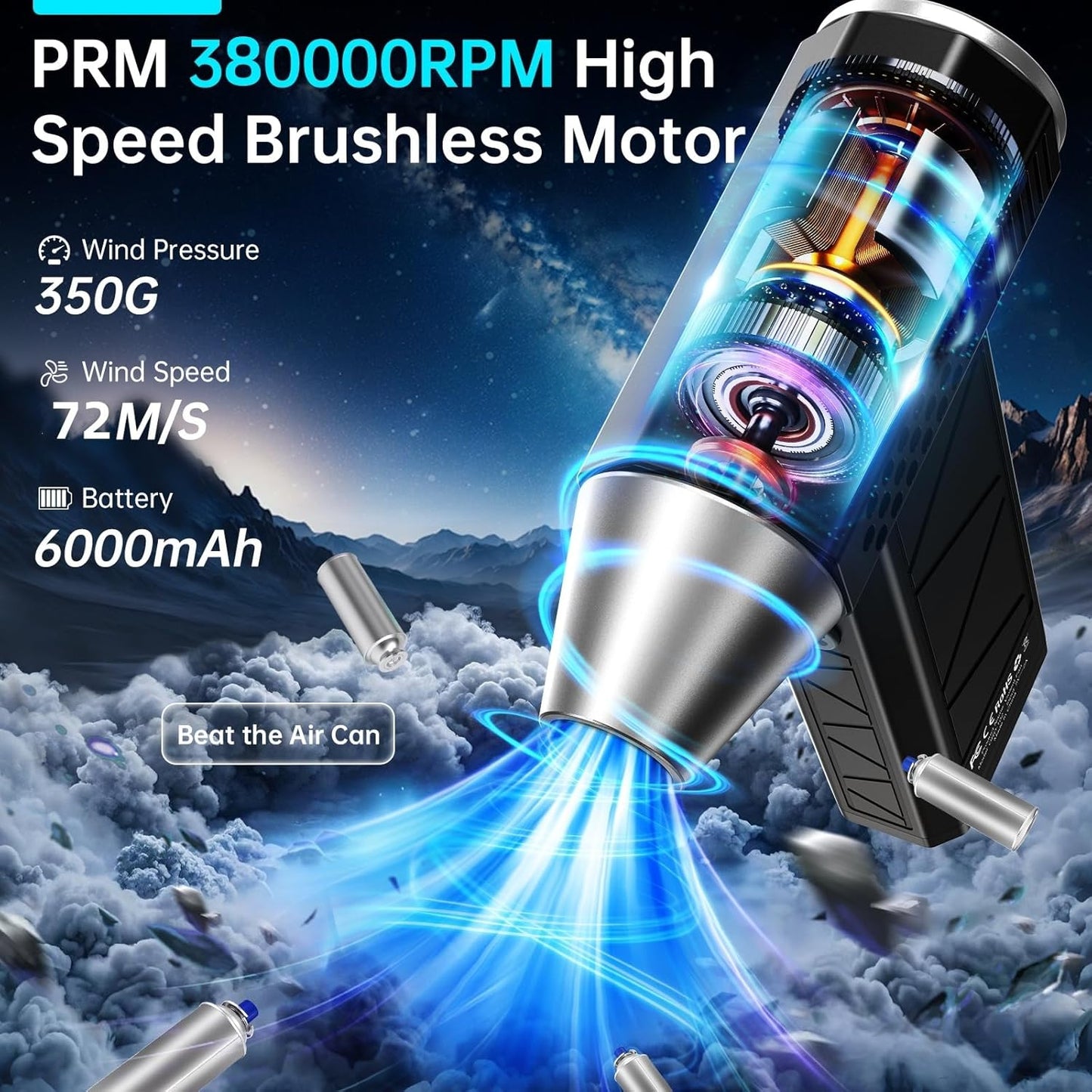 Compressed Air Duster, 380000RPM Electric Air Duster with LED Light, 4-Gear Adjustable Mini Handheld Air Blower Jet Turbo Fan Jet Dry Blower Rechargeable Air Blower Duster for Keyboard Car Home