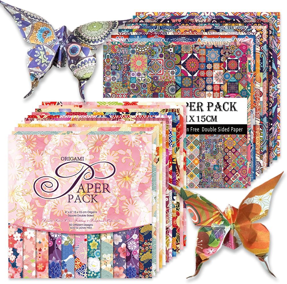 Origami Paper Kit 100 Sheets 70GSM 6 Inch Square Double Sided Color 100 Vivid Solid Colors for Hand Crafts Origami Paper Arts Creativity. Bohemian Blossom