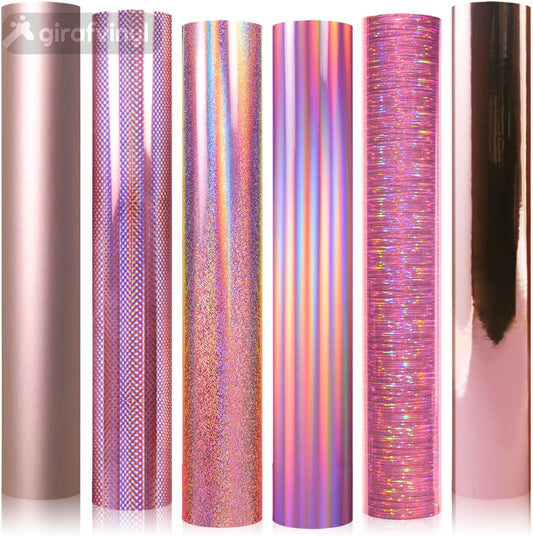 GIRAFVINYL Rose Gold Holographic Vinyl Permanent, Rose Gold Permanent Vinyl 6 Sheets Pink Adhesive Viny1 for DIY Cup, Home, Car Christmas Decorations, 12" x 12"