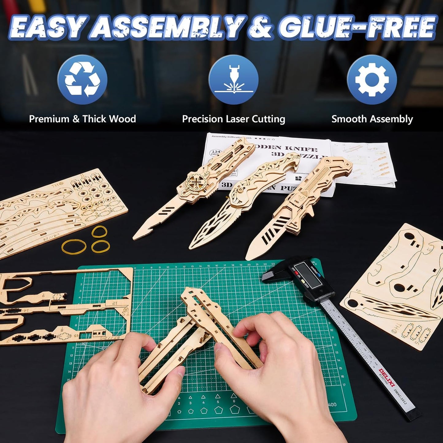 3D Wooden Puzzle for Adults: 3-in-1 DIY Wooden Puzzles Knife Kit - 134 Pcs Brain Teaser Mechanical Model Building Toy for Adult Hobby - Wooden Craft Art Unique Gift Idea for Teens Men