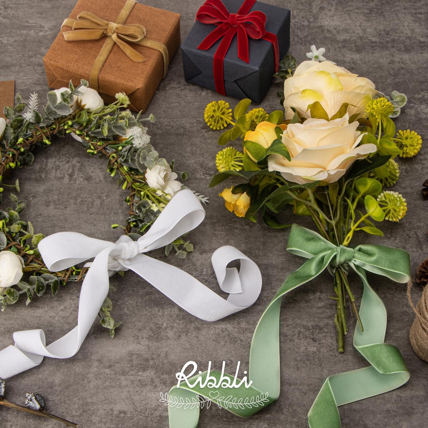 Ribbli Sage Green Velvet Ribbon 1 Inches Continuous10 Yard Spool Spring Moss Christmas Ribbon for Gift Wrapping Crafts Home Decor