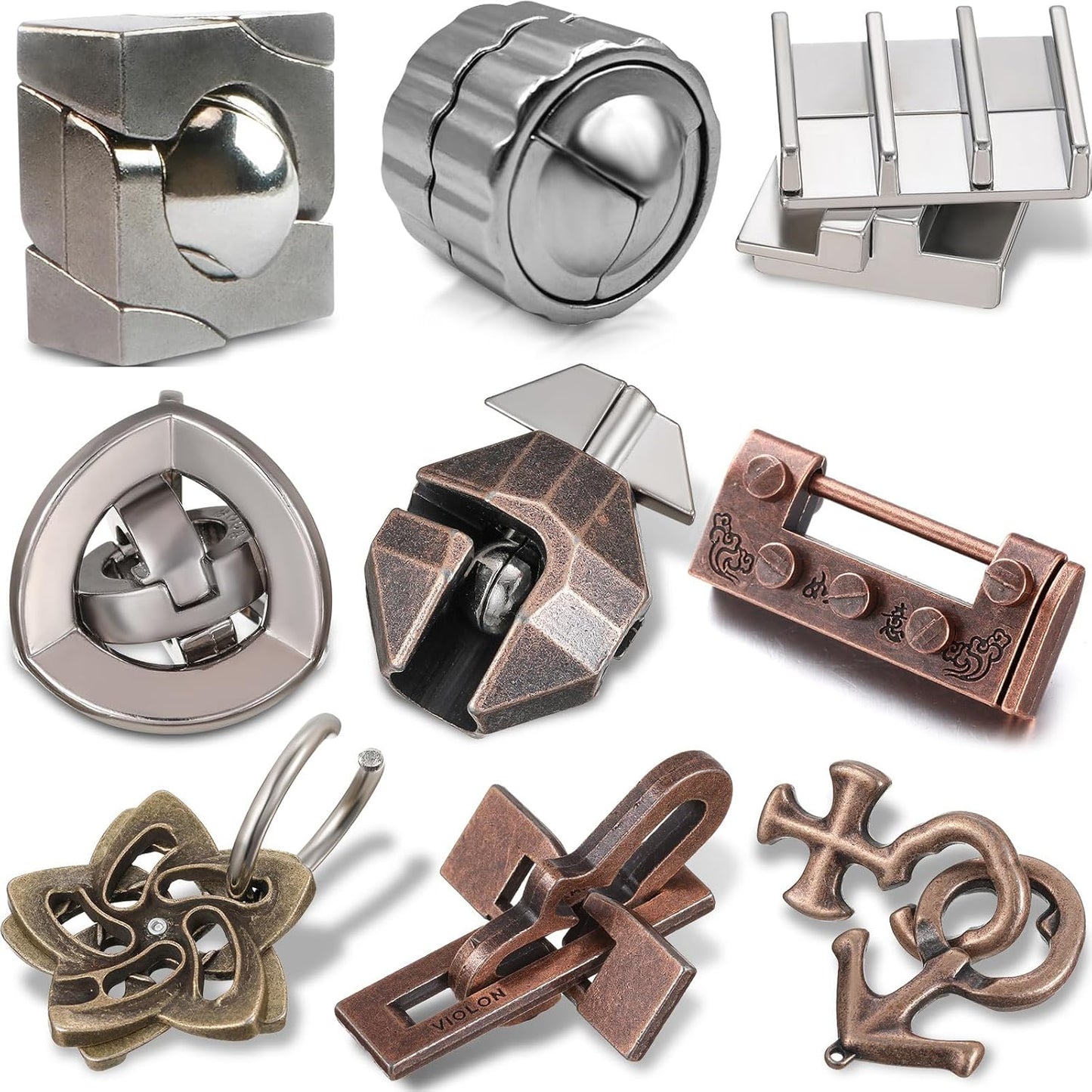 Wettarn 9 Pcs Metal Brain Teaser Puzzles Teaser 3D Steel Puzzle for Adults Unlock Interlocking Games IQ Education Smart Logic Test Toys for Adults Mind Challenge(Educational Style)