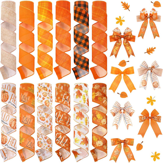 12 Rolls Fall Wired Edge Ribbon for Wreaths 2 Inch x 60 Yards Maple Leaves Pumpkin Burlap Ribbon Thanksgiving Plaid Crafts for Autumn Harvest Party Decoration Supplies, 12 Styles