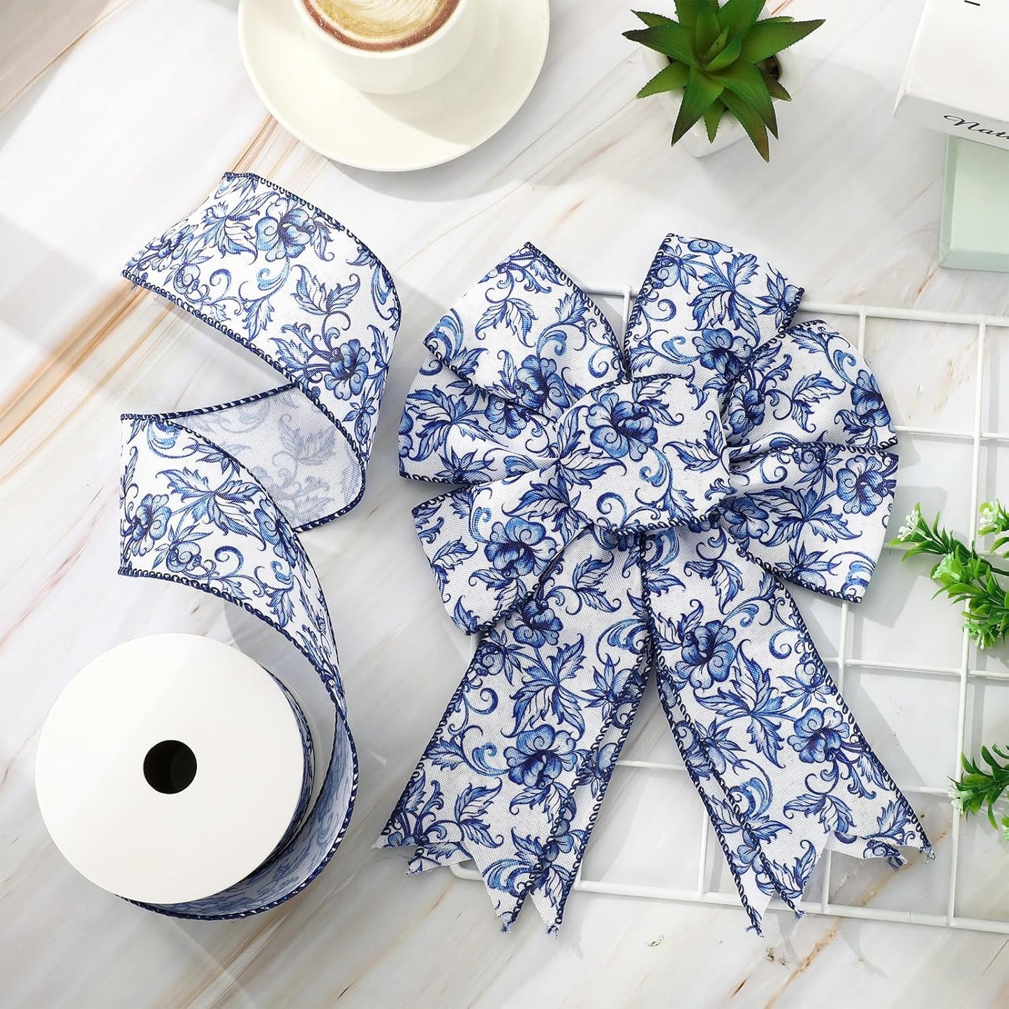 Blue White Floral Wired Edge Ribbon Roll Vintage Watercolor Flower Craft Ribbon Chinoiserie Fabric Ribbon for Wreath Bow Making DIY Craft Wrapping Party Supplies, 12 Yard