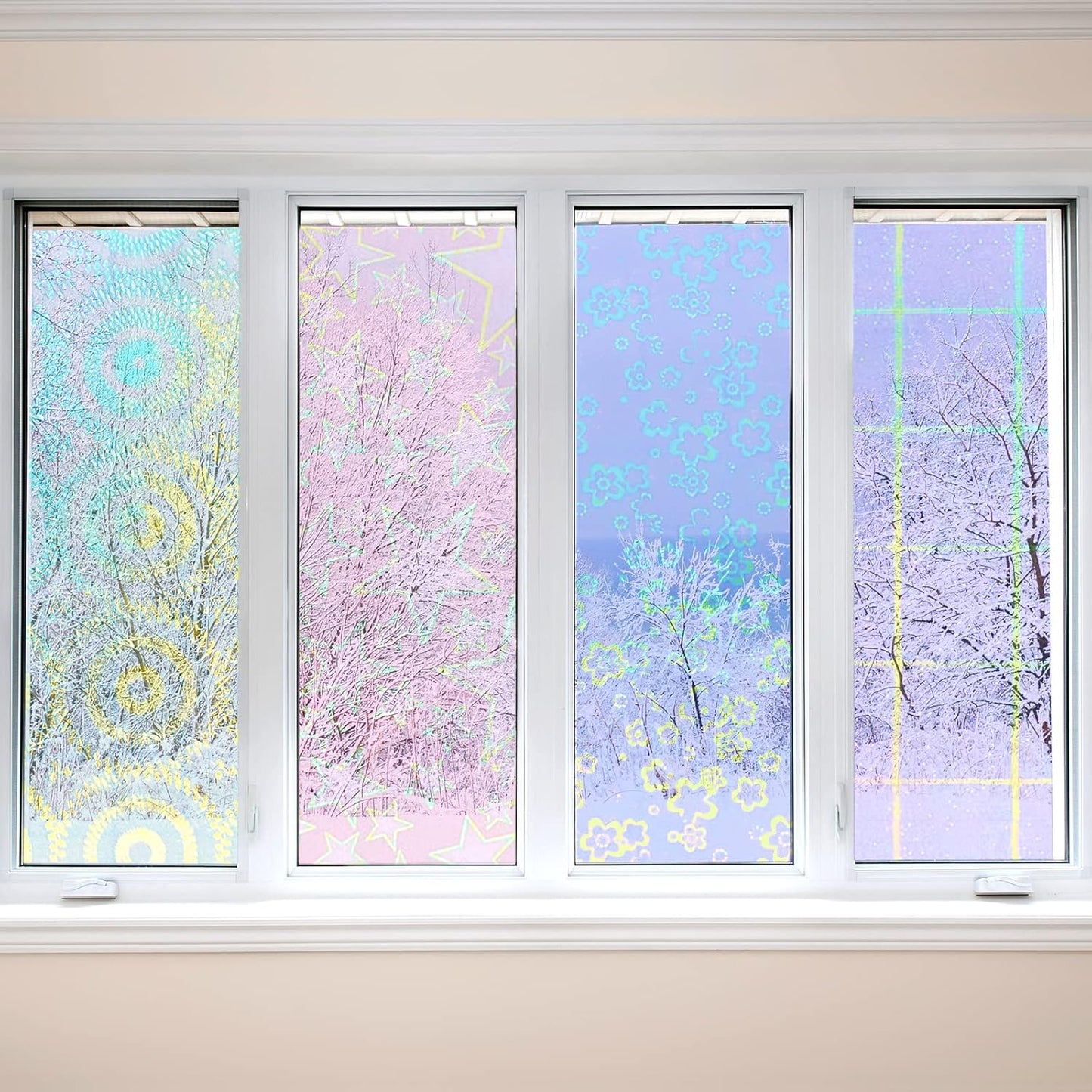 36 Sheets Holographic Sticker Paper Clear A4 Vinyl Sticker Paper Self Adhesive Waterproof Transparent Film Gem Rainbow Star Patterns, 11.7 x 8.3 Inch (Line,Lattice,Firework,Gear,Flower,Pentagram)