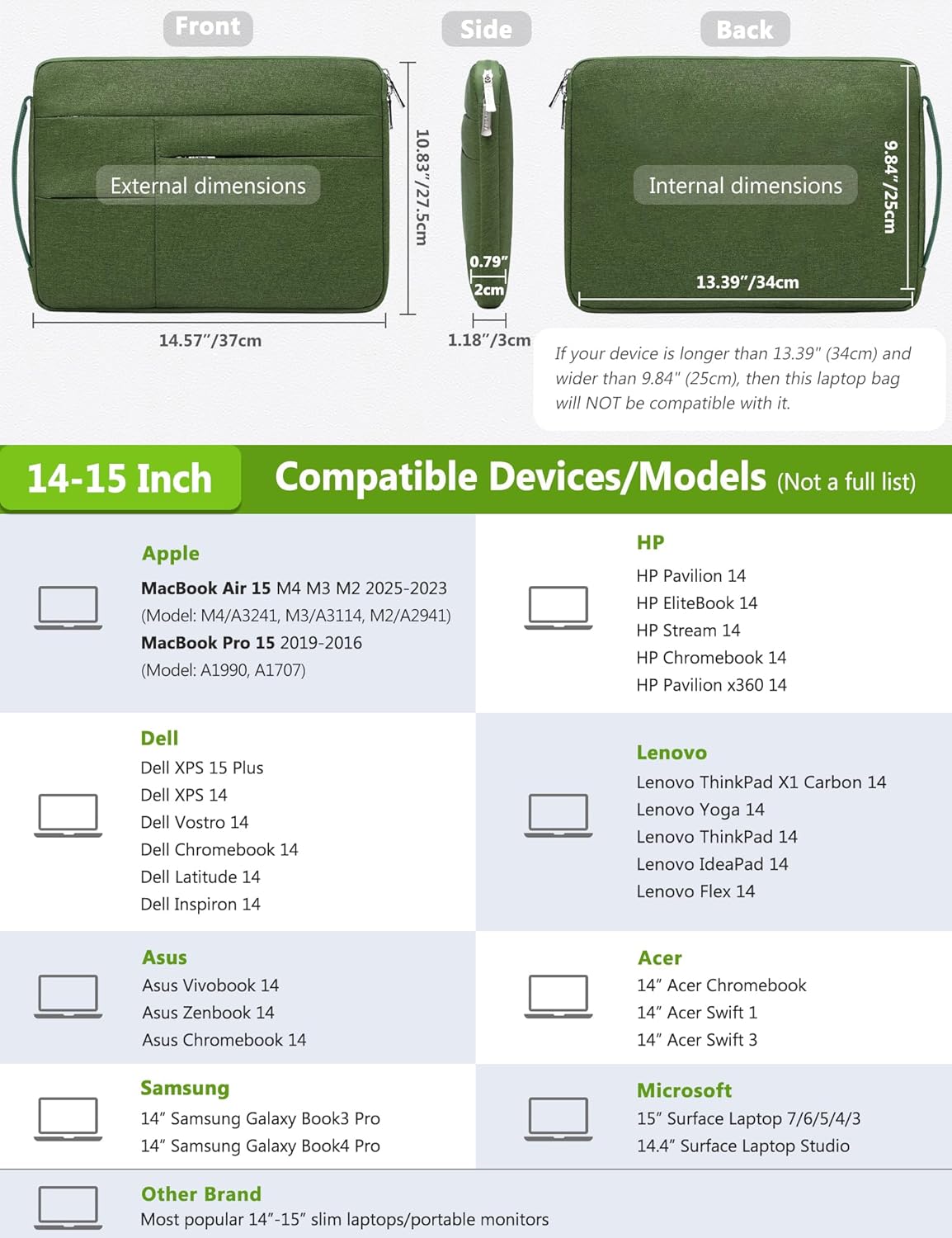 HYZUO 14-15 Inch Laptop Sleeve Bag for MacBook Air 15 M4 M3 M2, MacBook Pro 15, 15" Surface Laptop, XPS 14/15 Plus, Portable NoteBook Case for 14" HP Dell Lenovo ThinkPad Acer, Grass Green