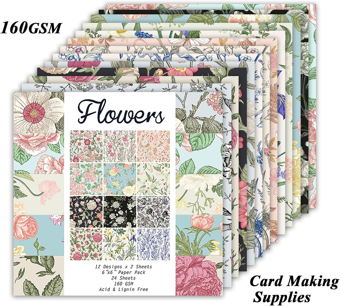 24 Sheets 12 Designs Scrapbook Paper Pad,6"×6” Single-Sided Decopodge Craft Cardstock Paper, Christmas Scrapbooking DIY Decorative Background Cardmaking Supplies.Flowers