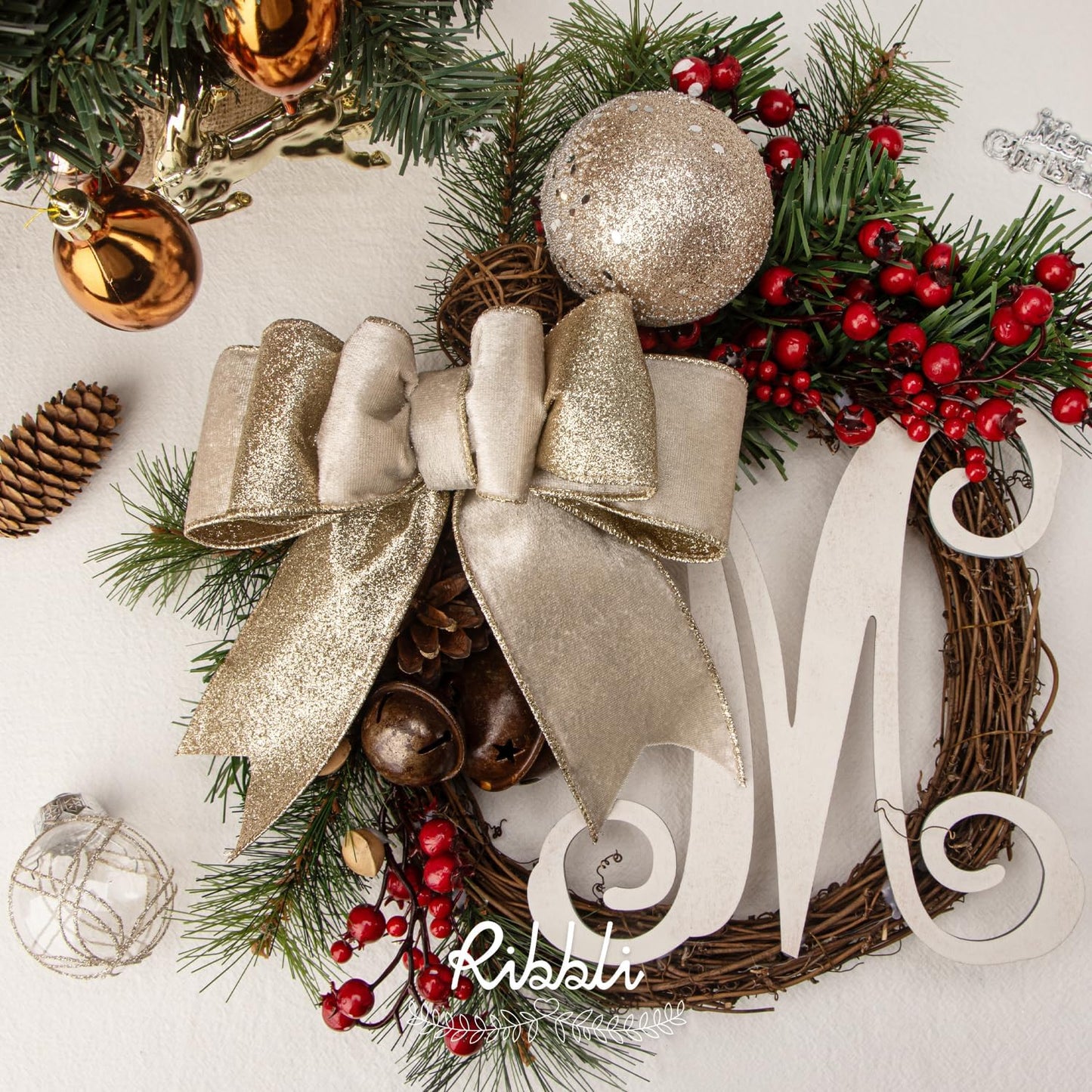 Ribbli Light Champagne Velvet Wired Ribbon 2.5 Inch Ivory Velvet with Champagne Glitter Christmas Ribbon for Christmas Tree Decoration Big Bow Gift Wrapping Crafts Wreaths Supplies- 10 Yards