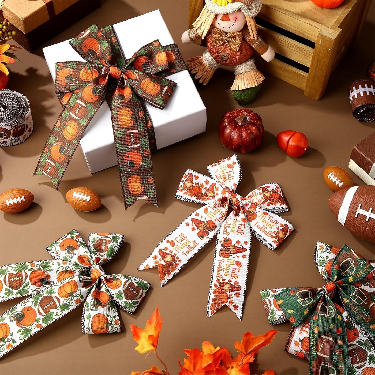 12 Rolls Fall Football Wired Edge Ribbon for Wreaths 2 Inch x 60 Yards Maple Leaves Pumpkin Football Print Ribbon Crafts for Thanksgiving Harvest Party Decorative Supplies, 12 Styles