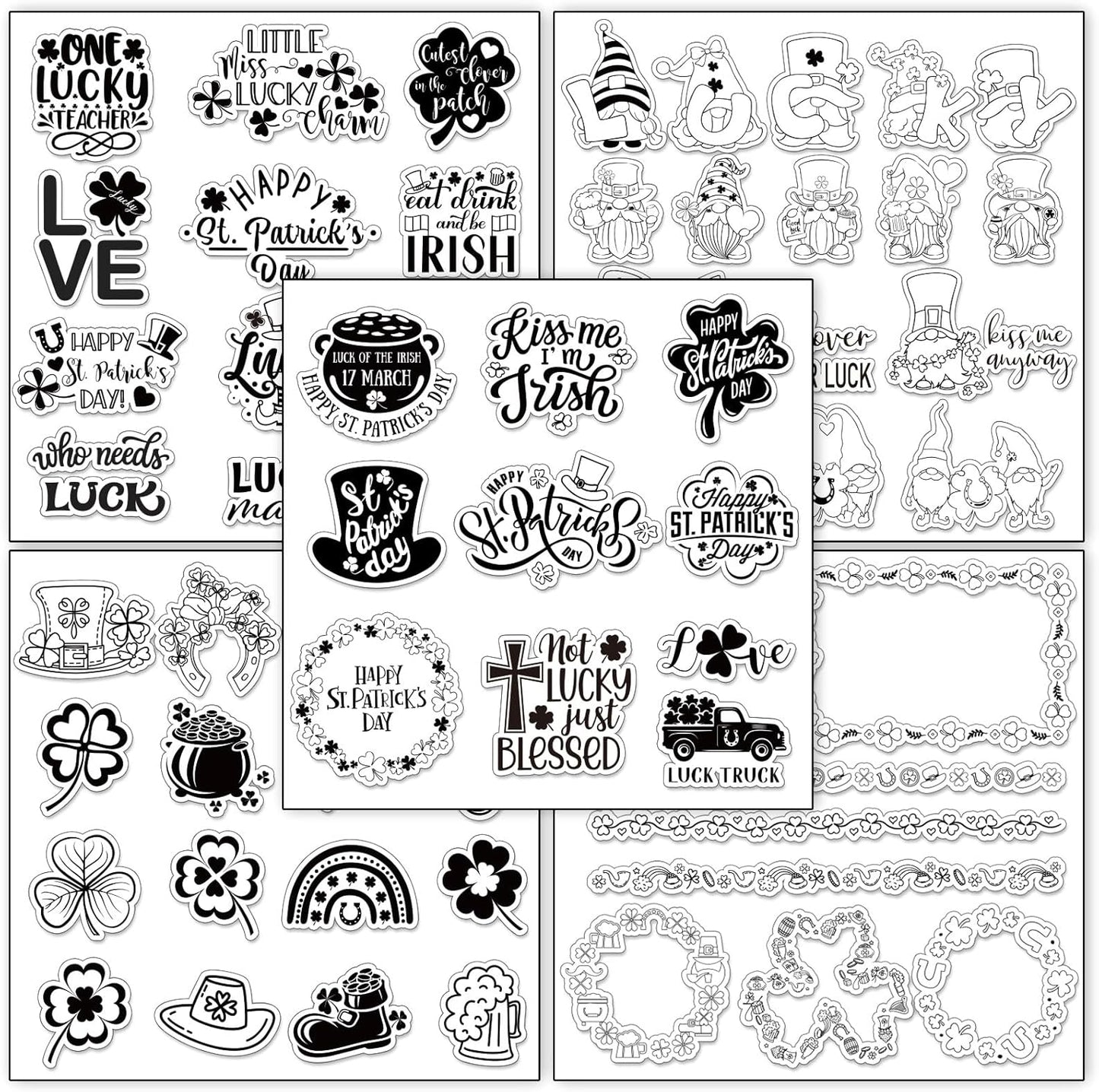 Whaline 5 Sheet St. Patrick's Day Clear Stamps Wreath Shamrock Lucky Words Silicone Transparent Stamps Border Stamp Cards for Irish DIY Crafts Card Making Scrapbooking Embossing Album Decor
