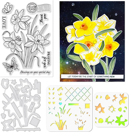 ORIGACH Realistic Daffodil Flower Stamps and Dies and Layering Coloring Stencil Set, Silicone Stamps Metal Die Cut and Flower Stencil Template for Card Making Scrapbooking DIY Crafting