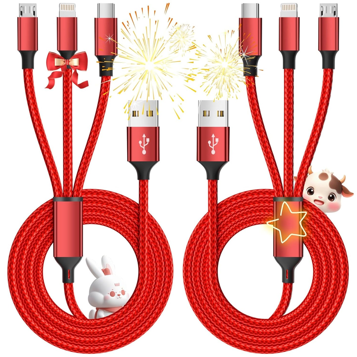 Multi Charging Cable, (2 Pack 4FT) Multi USB Charger Cable 3 in 1 Charging Nylon Braided Charging Cord with Type-C, Micro USB, IP Port for Most Phones/iPhones/Tablets, Red