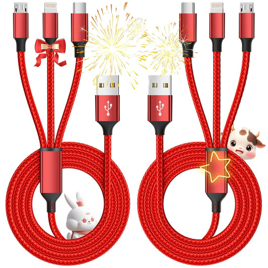 Multi Charging Cable, (2 Pack 4FT) Multi USB Charger Cable 3 in 1 Charging Nylon Braided Charging Cord with Type-C, Micro USB, IP Port for Most Phones/iPhones/Tablets, Red