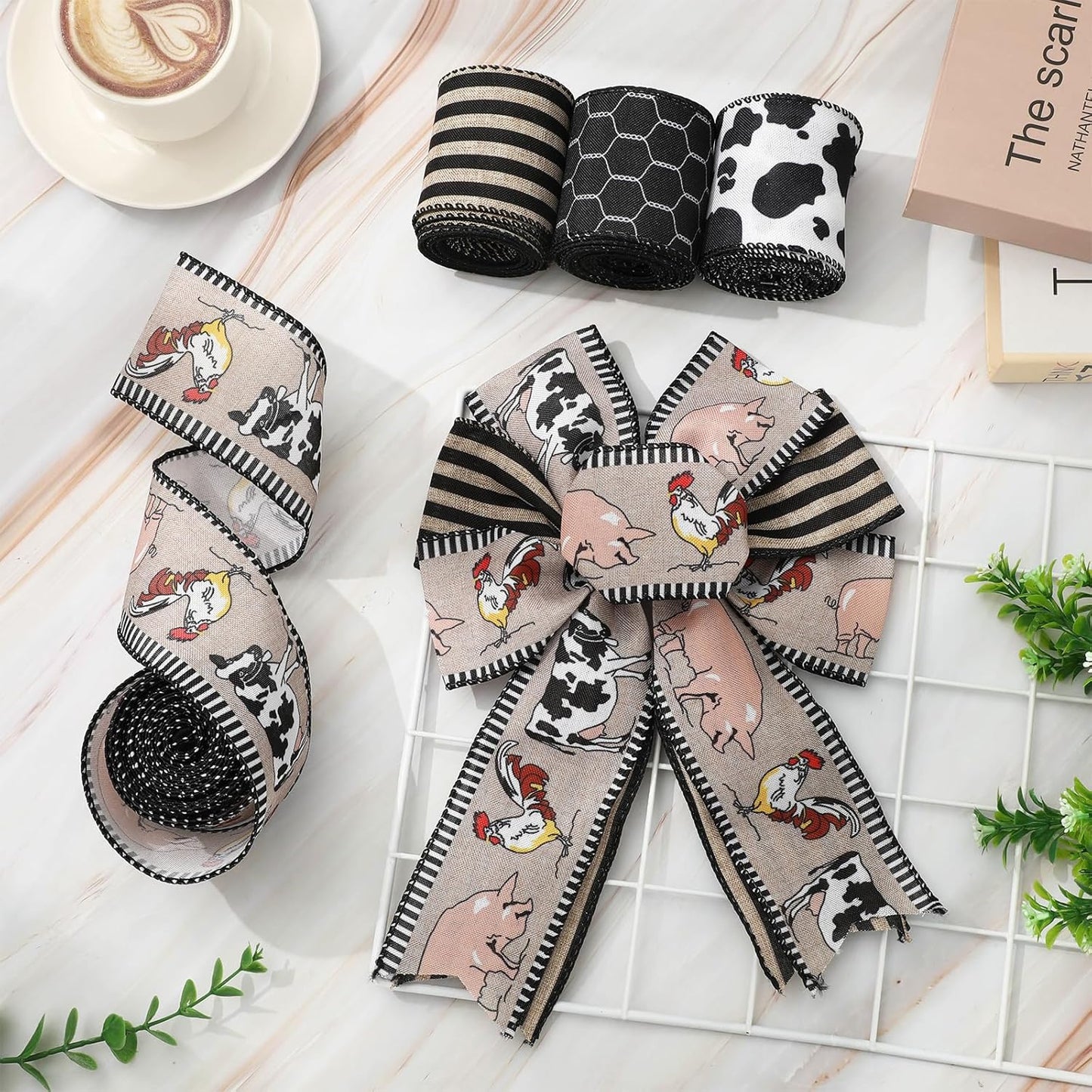 Farmhouse Animal Wired Edge Ribbons Cow Chick Pig Stripe Chicken Wire Decorative Fabric Wrapping Ribbons for DIY Crafts Wreath Bow Making Supplies, 4 Rolls, 24 Yard