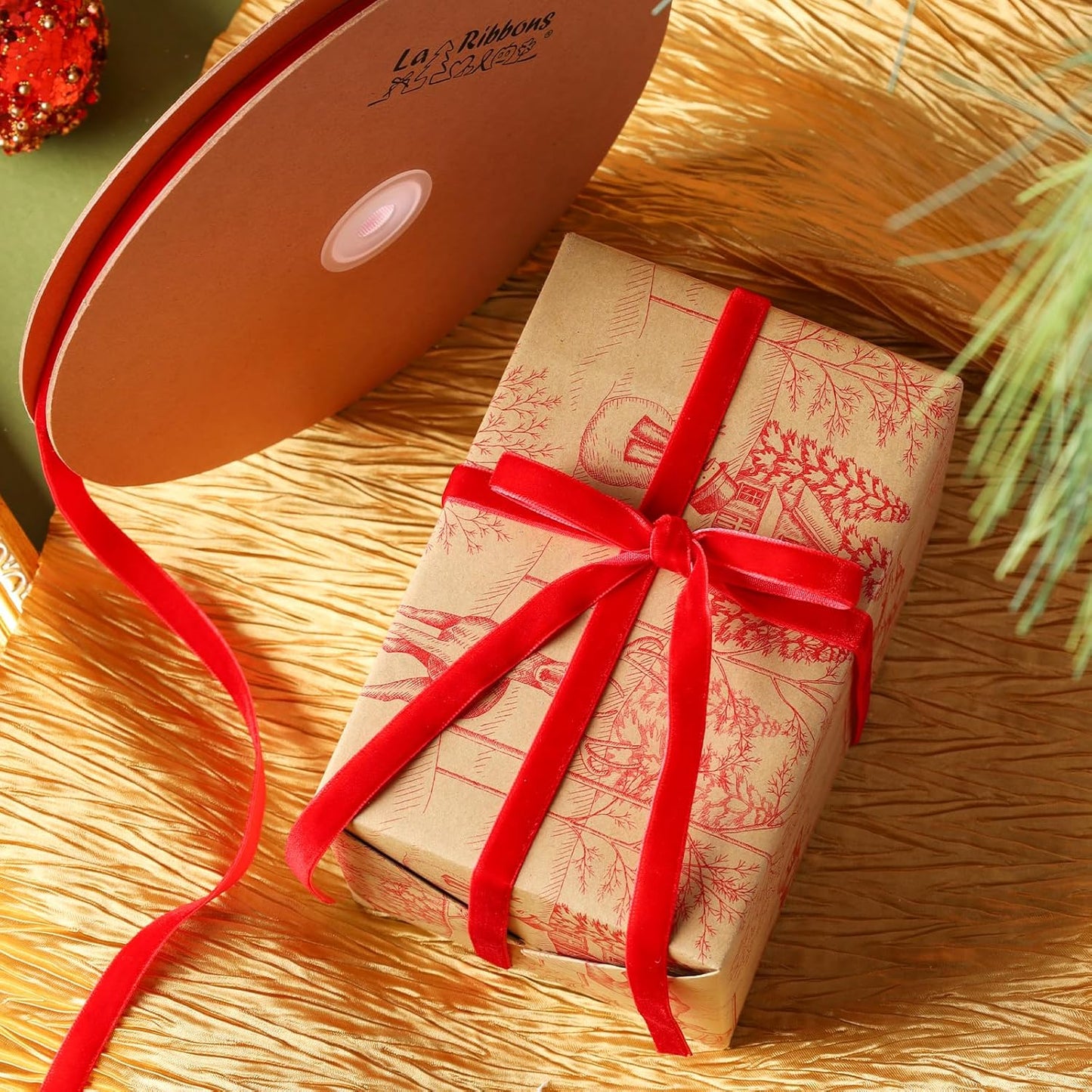 LaRibbons Thin Velvet Ribbon 3/8 Inch x 25 Yards, Red Velvet Ribbon for Christmas Tree, Gift Wrapping, Wreath Bow, Outdoor Decoration