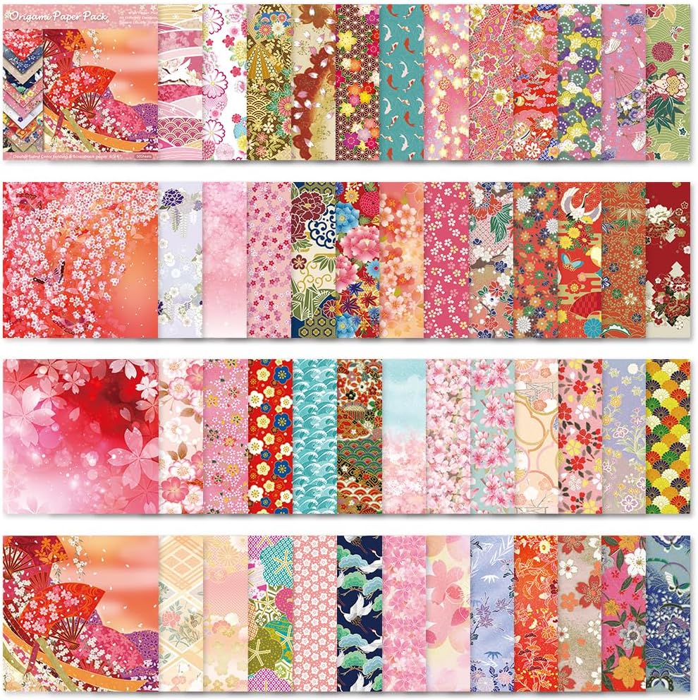 Square Origami Paper 6x6 Double Sided 50 Sheets 50 Colors 70GSM Origami Kit Japanese Chiyo Easy Fold Arts Crafts DIY Handwork Beginner Oriental Cherry