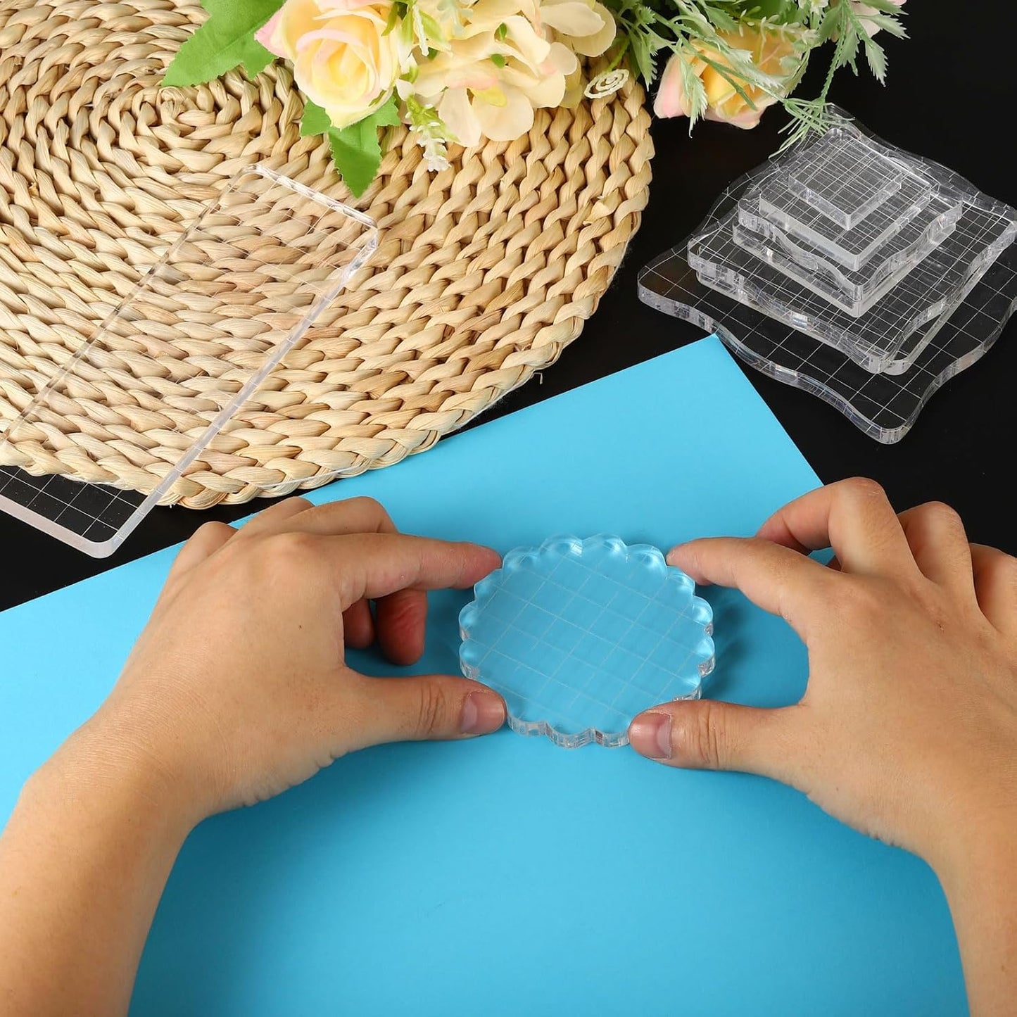 PATIKIL 4" x 4" Acrylic Stamp Block, Clear Stamping Block with Grid Lines Decorative Mounting Blocks Wave for Scrapbooking DIY Crafts Card Making