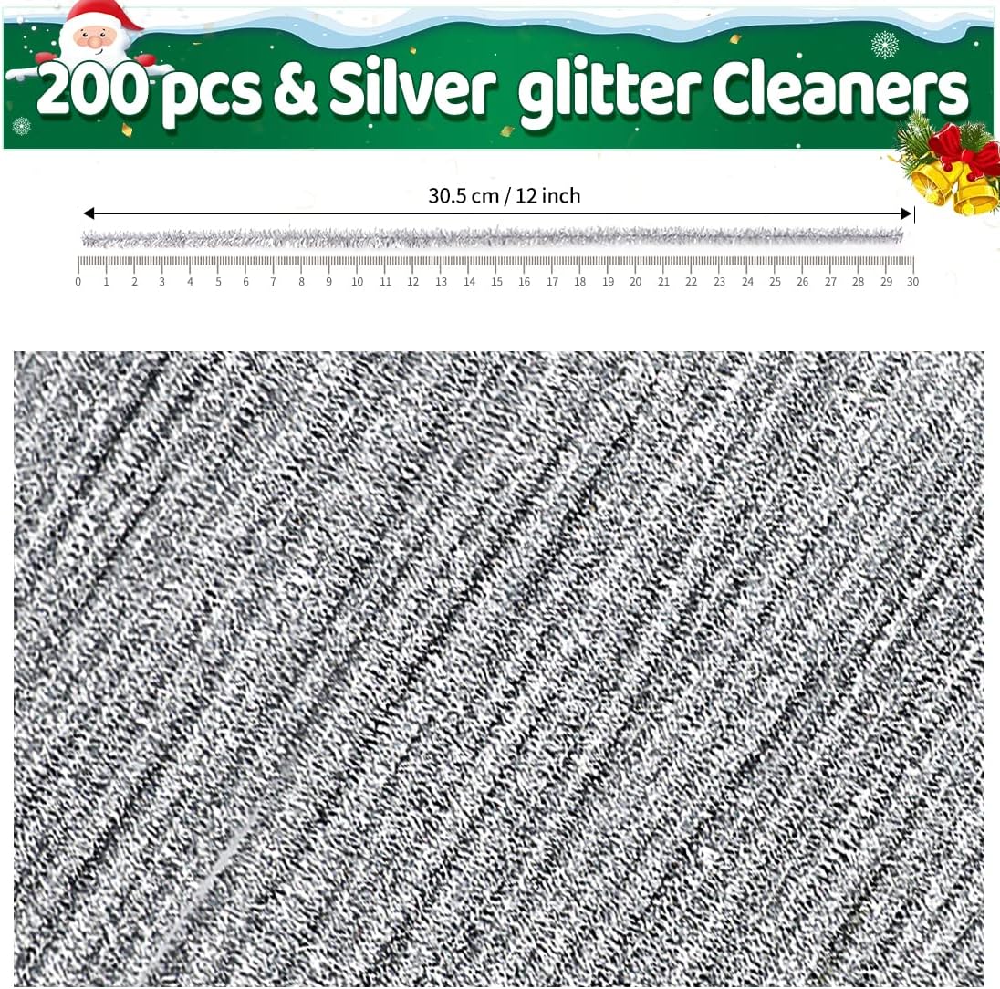 Iooleem 200pcs Silver Glitter Pipe Cleaners, Glitter Chenille Stems, Pipe Cleaners for Crafts, Pipe Cleaner Crafts, Art and Craft Supplies, Christmas Pipe Cleaners.