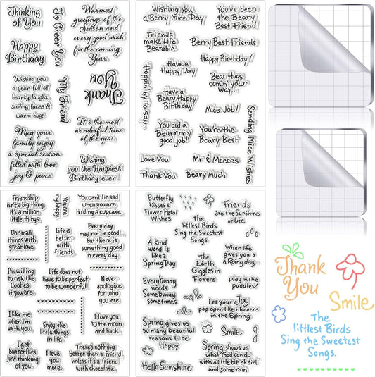 4 Sheets Sentiments Rubber Clear Stamps Set for Card Making and DIY Scrapbooking Journaling 2 Acrylic Stamp Blocks with Grid Lines for Birthday Wedding Wife Husband Anniversary Special Occasion Cards