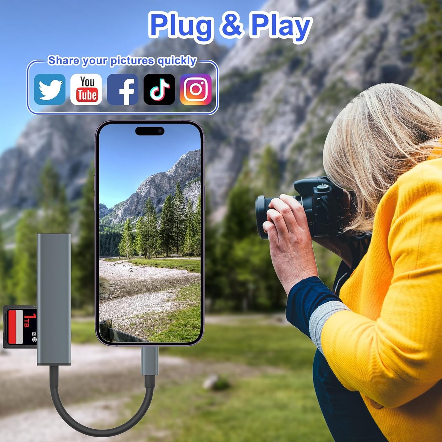 USB C SD Card Reader, Memory Card Reader with 60W PD Charger Adapter SD Card Adapter with SD/TF/USB 4 Ports for iPhone 15/16 iPad Pro MacBook Pro/Air iMac Android and More USB-C Devices