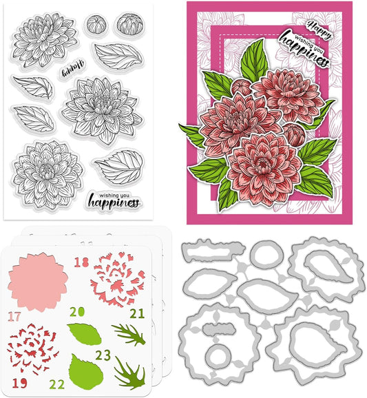 ORIGACH Dahlia Layering Stencil Stamp and Die Set for Card Making, Flower Stencil Template Silicone Clear Stamps and Metal Die Sets for DIY Scrapbooking Photo Album Crafting