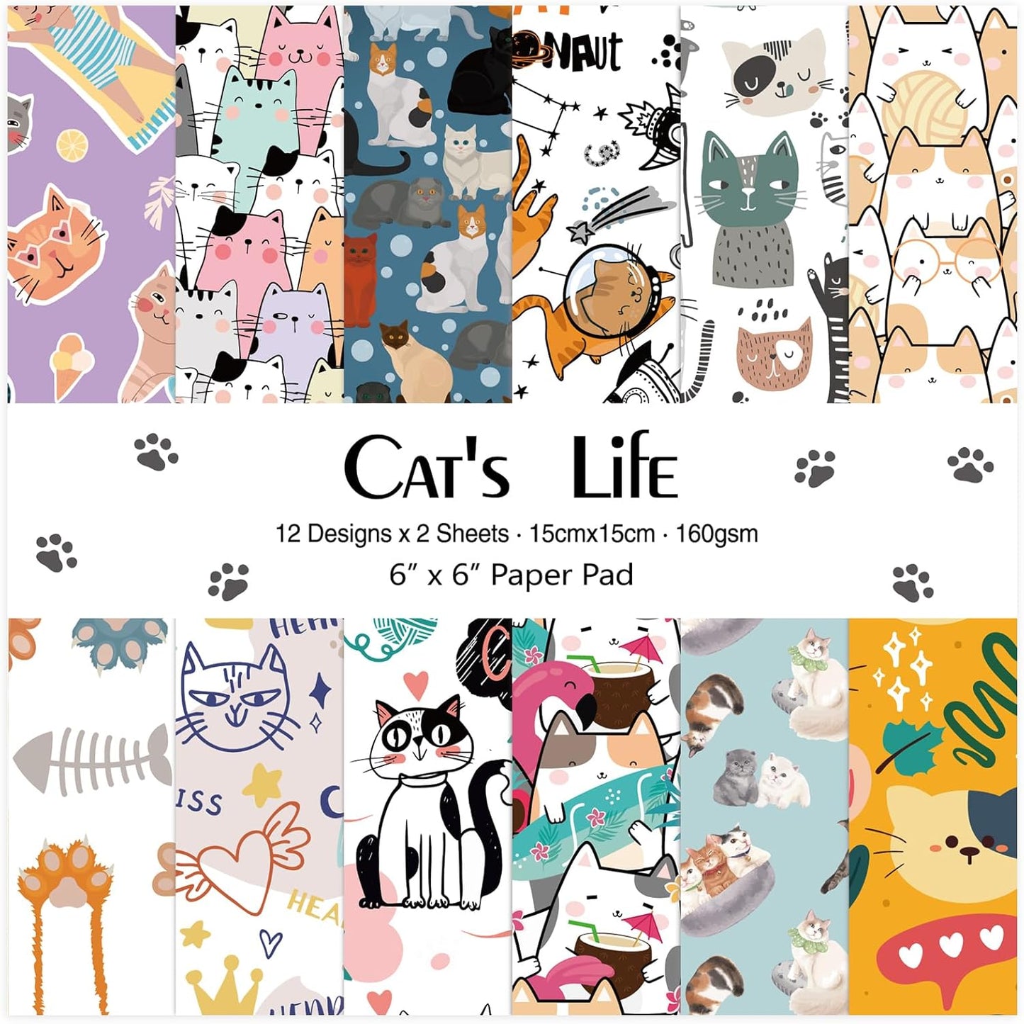 24 Sheets 12 Designs Scrapbook Paper Pad,6"×6” Single-Sided Decopodge Craft Cardstock Paper,Christmas Scrapbooking DIY Decorative Background Cardmaking Supplies.Cat's Life