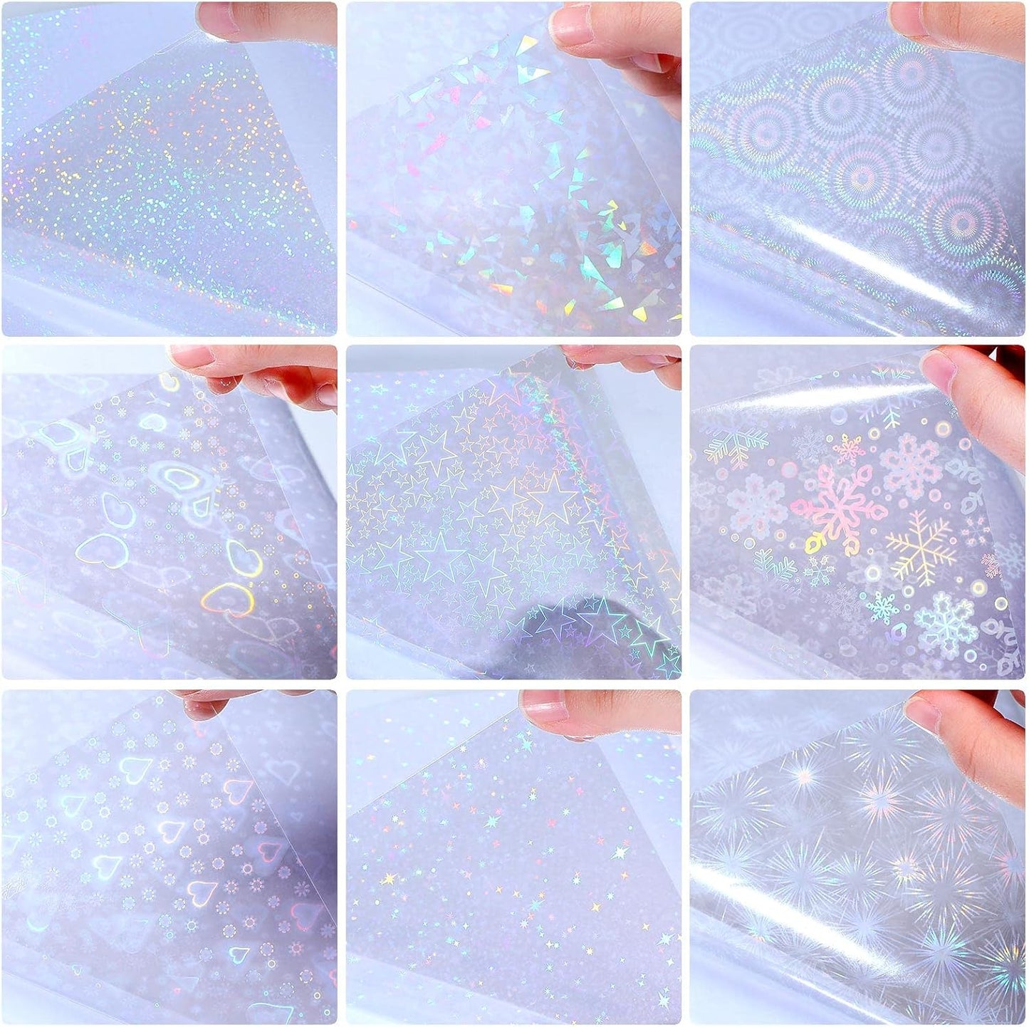 Teling 90 Sheets Holographic Sticker Paper Transparent A4 Vinyl Holographic Sticker Laminate Sheets Clear Overlay Lamination Film Paper Self Adhesive Waterproof with Gem Spot Rainbow Star Pattern