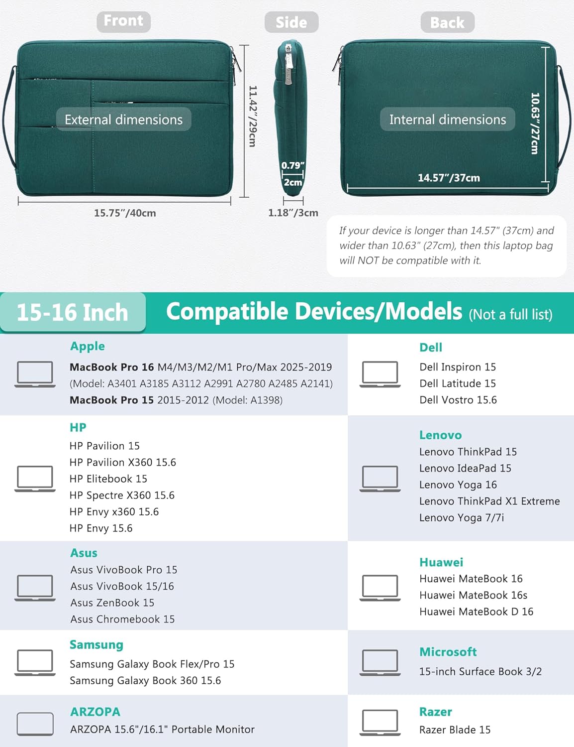 HYZUO 15-16 Inch Laptop Sleeve Bag for MacBook Pro 16 M4/M3/M2/M1 2025-2019, 15" Surface Book, Portable NoteBook Case for 15" 15.6" HP Dell Lenovo ThinkBook Asus Acer Samsung HUAWEI, Dark Green
