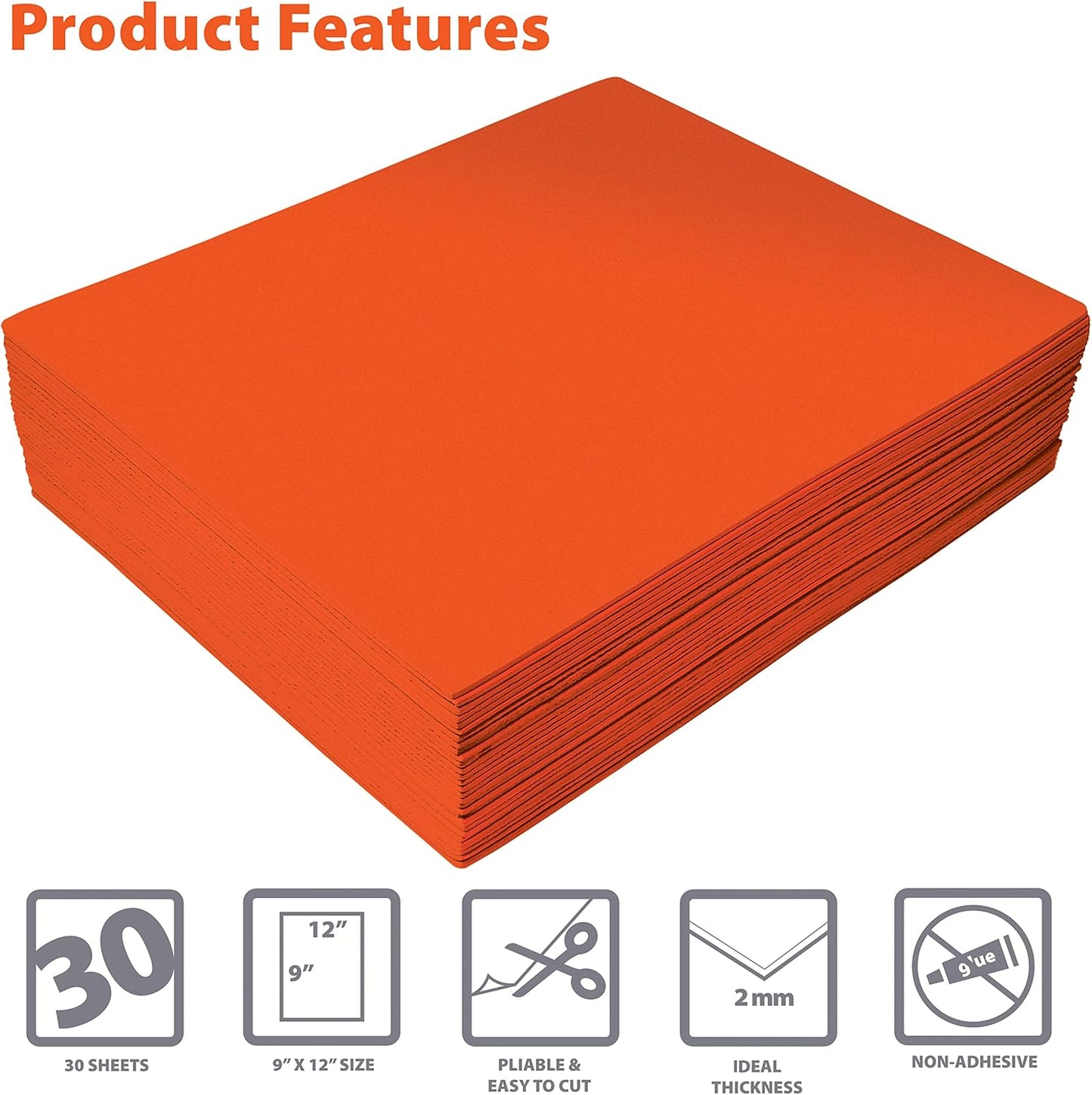 Better Office Products Orange EVA Foam Sheets, 30 Pack, 2mm Thick, 9 x 12 Inch, Orange Color, for Arts and Crafts, 30 Sheets Bulk Pack
