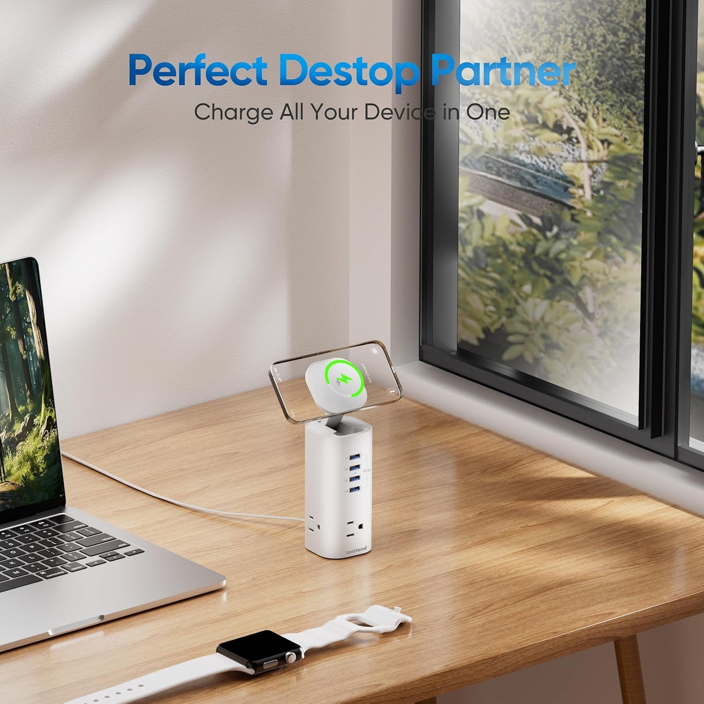 Power Strip Tower Surge Protector, TenTrend Flat Plug Extension Cord with 3AC Outlets & 8 USB Ports(4 USB-C), 115W Fast Charging Station for Home, Office Supplies, Dorm Room