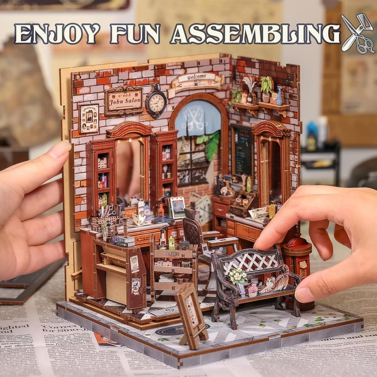 Cutefun Book Nook Kit - DIY Miniature Dollhouse Kit for Adults and Teens, Barbershop Mini House Building Kit with LED Bookshelf Insert Decor Creative Gifts (John's Hair Salon)