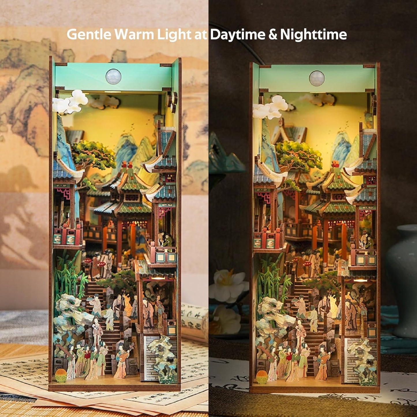 Tonecheer DIY Book Nook Kit for Adults, Wooden 3D Puzzle Bookend Bookshelf Insert Decor, Chinese Booknook Miniature House Kit with Dust Cover and Body Motion Sensor LED (Song Dynasty Culture)