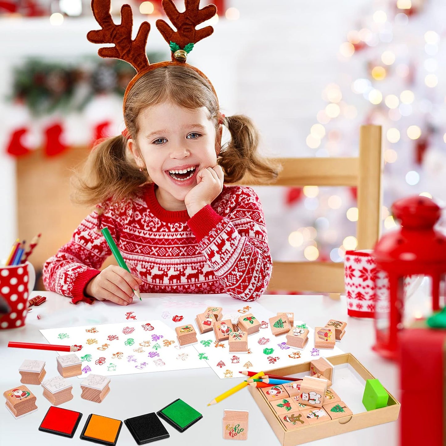 Christmas Stamps Set, Wooden Rubber Stamp with Ink Pad Colored Pencil, Holiday Square Craft Stamp for Stamping Scrapbooking Crafting Booking Card Making Stocking Filler,Christmas Favor Gift