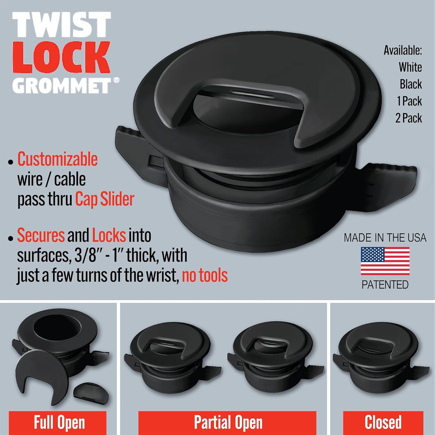 (2-Pack Black) Cable, Wire &amp; Cord Management - Self Locking Grommet with Cover for Walls, Ceilings, Desks, Used for All Surfaces 3/8” to 1” Thick, Made in USA