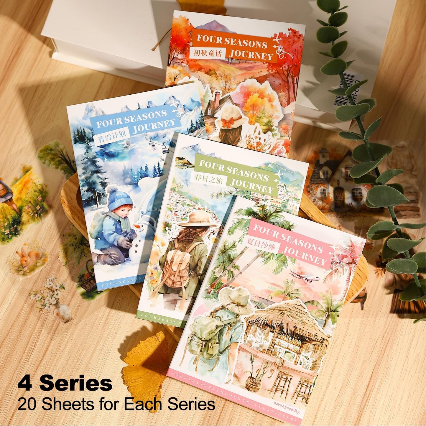 Seasons Journey Pre-Cut PET Sticker Set, 80 Sheets of Seasonal Travel-Themed Stickers for Scrapbooking, Journaling, DIY Crafts, and Junk Journal Ephemera