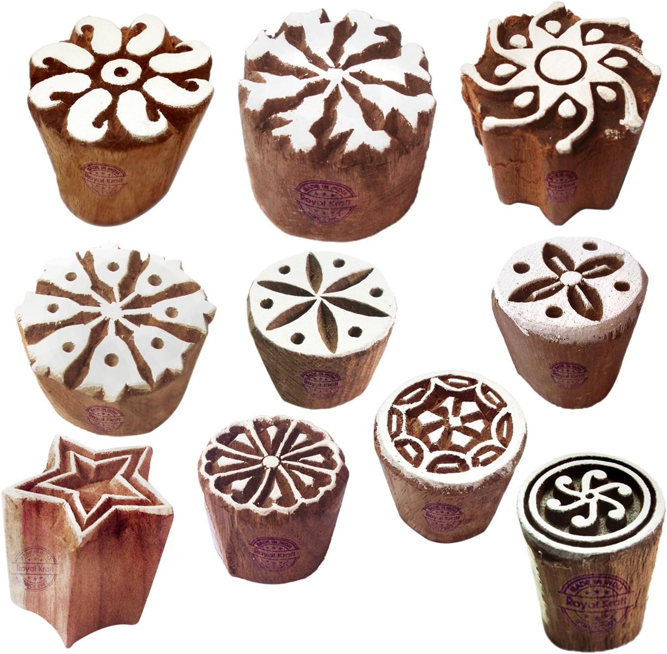 Paper Print Stamps Intricate Small Round Pattern Wood Blocks (Set of 10)