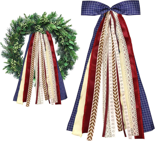 Large Blue Buffalo Plaid Ribbons Bow for Wreath, Red Orange Fall Fabric Ribbons Set Assorted Lace Ribbon Navy Clip-On Wreath Sash Ribbon Bundle for Thanksgiving Home Indoor Outdoor Decor