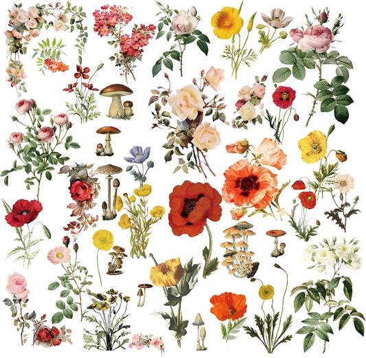 Vintage Vellum Stickers Floral Plants Elements Scrapbooking Supplies Flowers Botanic Natural Translucent Paper Self-Adhesive Junk-Journal Items (Floral)