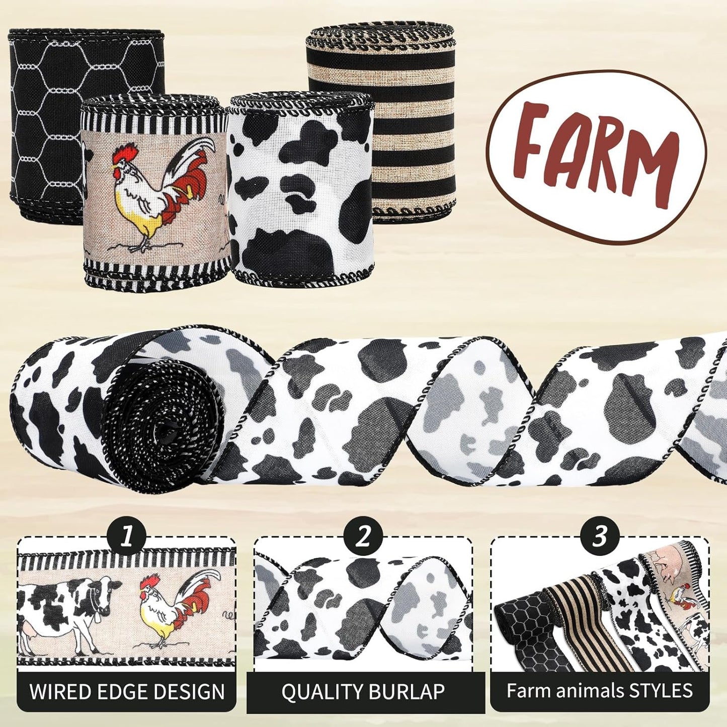 Farmhouse Animal Wired Edge Ribbons Cow Chick Pig Stripe Chicken Wire Decorative Fabric Wrapping Ribbons for DIY Crafts Wreath Bow Making Supplies, 4 Rolls, 24 Yard