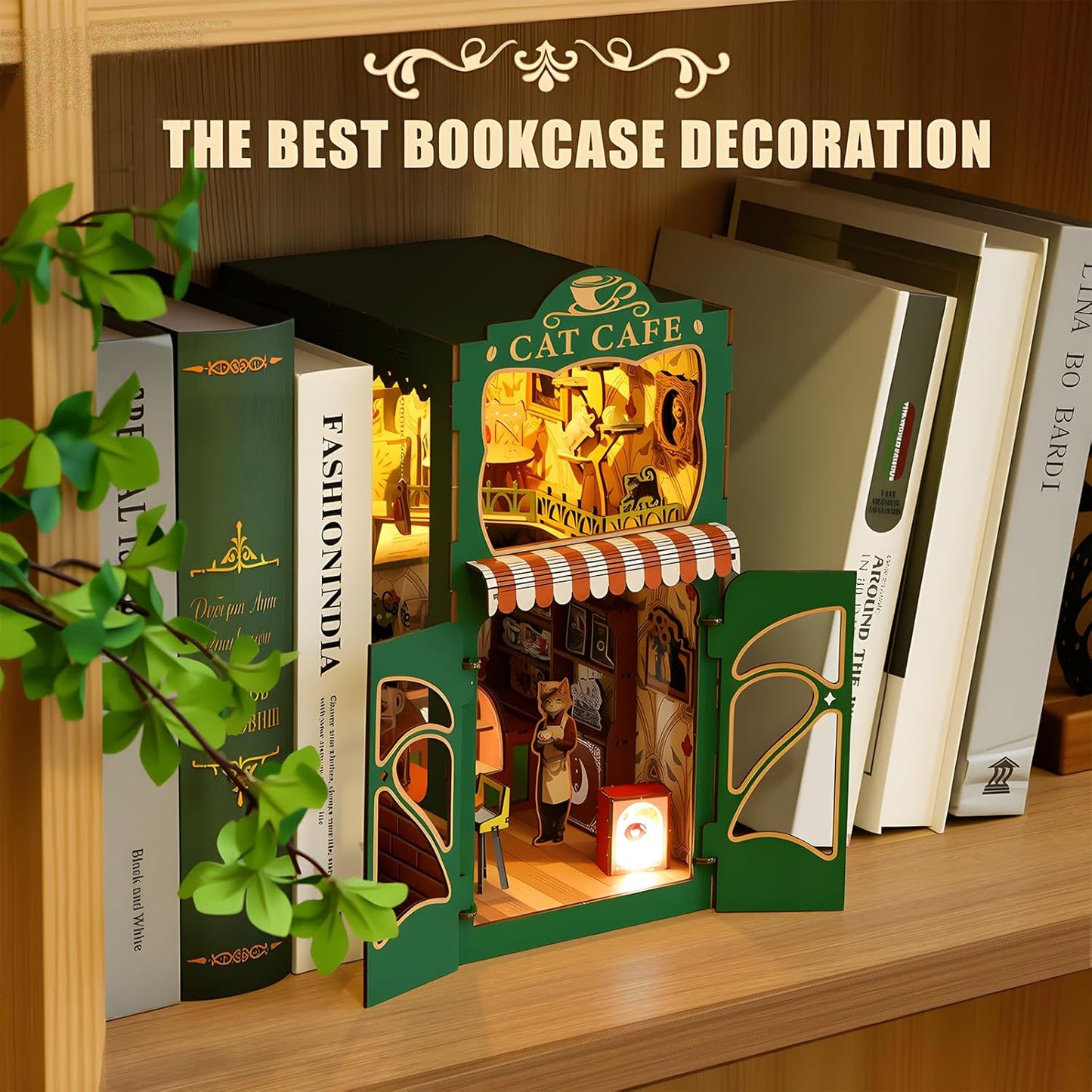 Book Nook Kit,DIY Miniature House Kit for Adults, Teens and Beginners, Dollhouse Booknook Cat Cafe Tiny House Bookshelf Decor 3D Wooden Puzzle, Gifts for Family, Friends